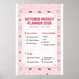 Oktober Veckoplanering 2026 Rosa Coquette Poster
