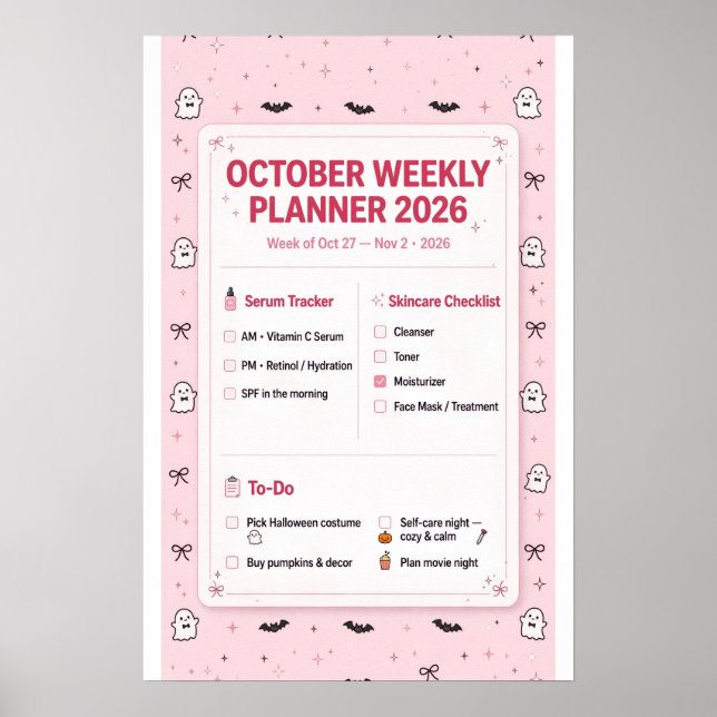 Oktober Veckoplanering 2026 Rosa Coquette  Poster (Framsidan)