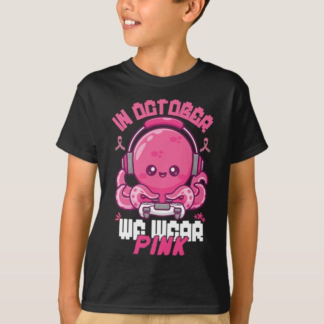 Oktober Vi Bära Rosa Breast Cancer Gaming Kids Boy T Shirt (Framsida)