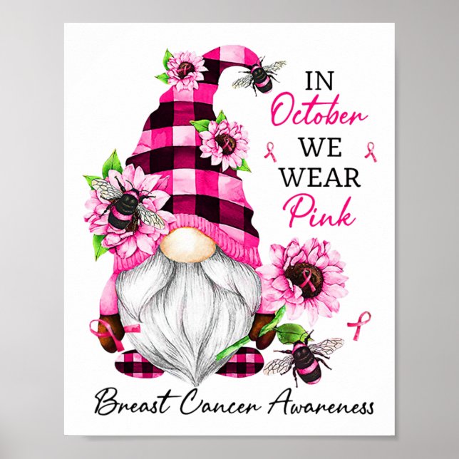 Oktober Vi Bära Rosa Gnome Breast Cancer Awareness Poster (Framsidan)