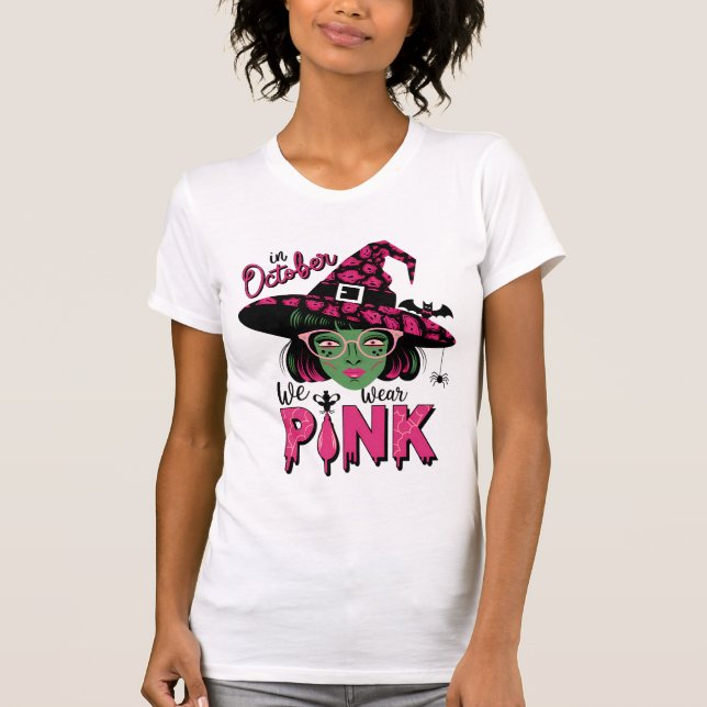 oktober Vi Bära Rosa Halloween Ghost Breast Cancer T Shirt (Framsida)