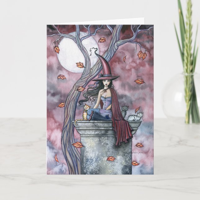 Oktober-Vinden Halloween Witch Cat Måne-kort Kort (Framsida)