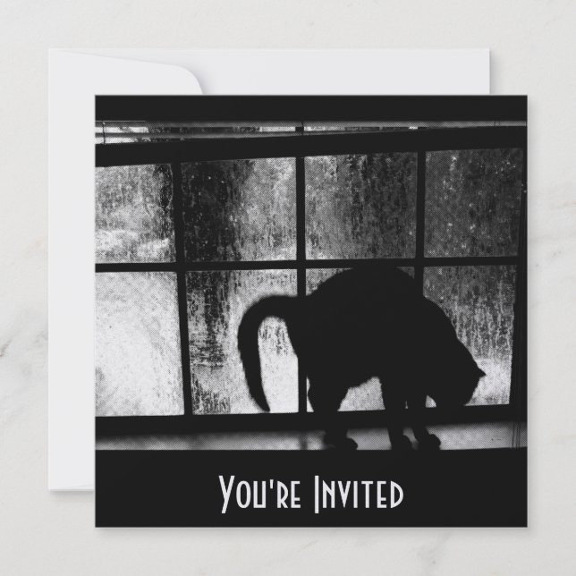 Oktober Visar Kat Silhouette i fönster 2 B&W Inbjudningar (Framsida)