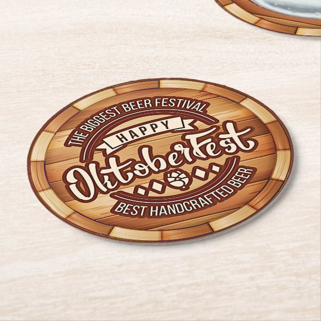 Oktoberfest Festival Brown Wooden Beer Barrel Underlägg Papper Rund (Vinklad)