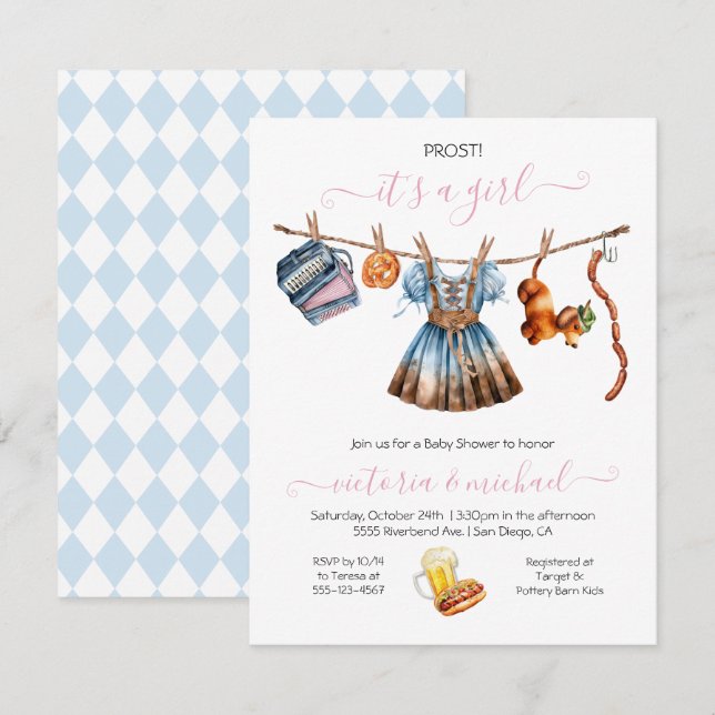 Oktoberfest Girl Baby Shower Clothesline Inbjudningar (Fram/baksida)