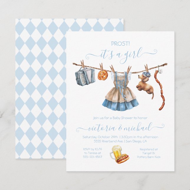 Oktoberfest Girl Baby Shower Clothesline Inbjudningar (Fram/baksida)