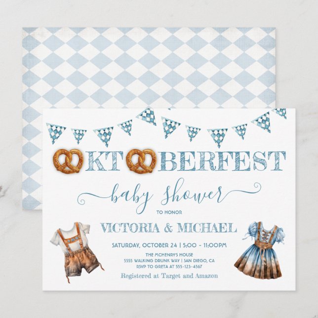 Oktoberfest Pretzel lederhosen Baby Shower Inbjudningar (Fram/baksida)