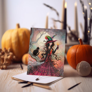 Oktoberflamma Halloween-häxa Svart katt-konst Kort