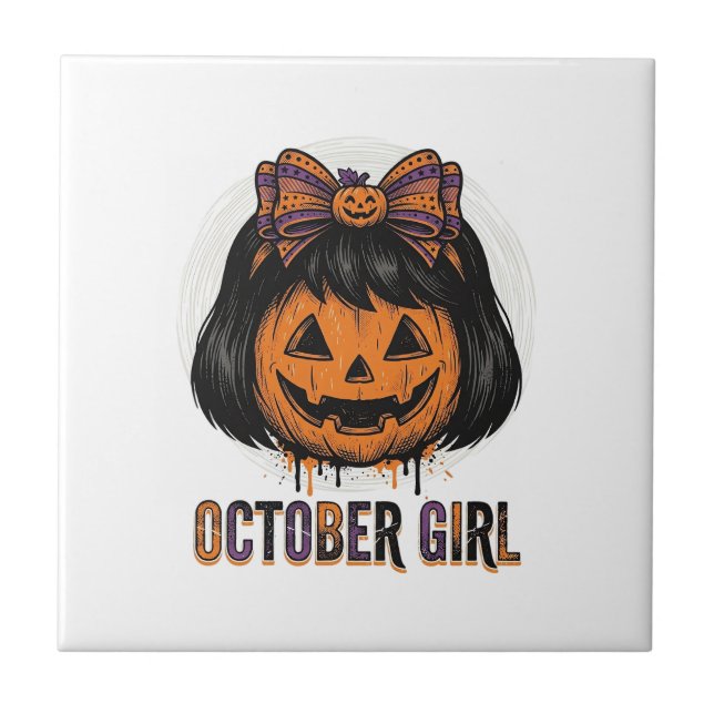 Oktoberflicka Pumpa Bow Halloween Vector Design_1 Kakelplatta (Framsidan)