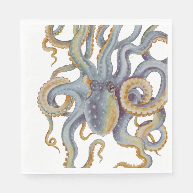 Oktopus Blue Pastel Färg Watercolor Art Pappersservett (Framsidan)