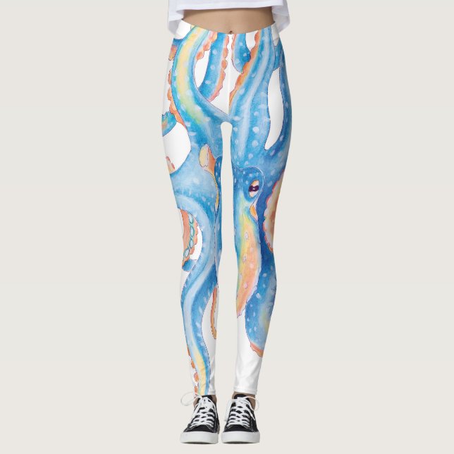 Oktopus Blue Watercolor Art Leggings (Framsida)