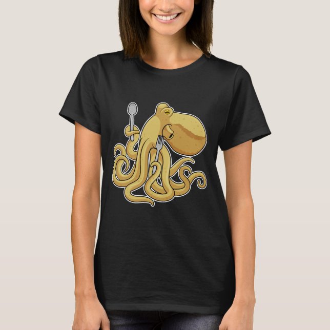 Oktopus eating Spoon Fork T Shirt (Framsida)