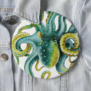 Oktopus Grönt Tentacles Vattenfärgsbild Knapp