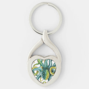 Oktopus Grönt Tentacles Vattenfärgsbild Twisted Heart Silverfärgad Nyckelring