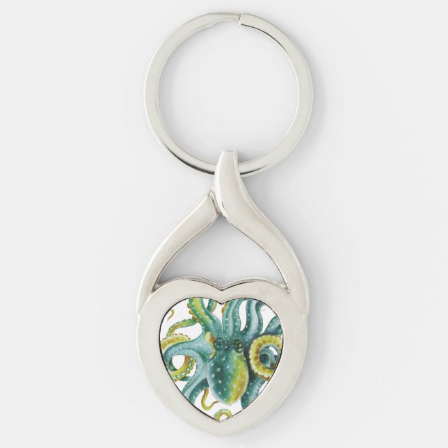 Oktopus Grönt Tentacles Vattenfärgsbild Twisted Heart Silverfärgad Nyckelring (Framsidan)