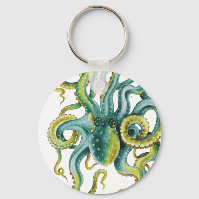 Oktopus Grönt Vattenfärgsbild Nyckelring (Framsida)