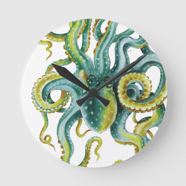 Oktopus Grönt Vattenfärgsbild Rund Klocka (Framsida)
