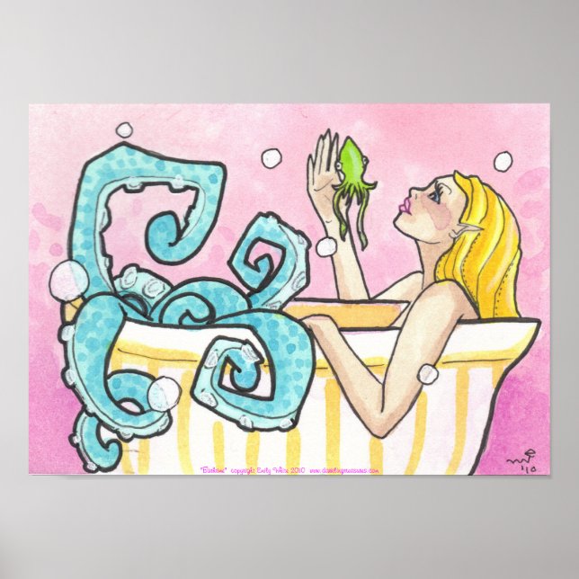 Oktopus Sjöjungfru i Bathtub fantasykonst poster (Framsidan)