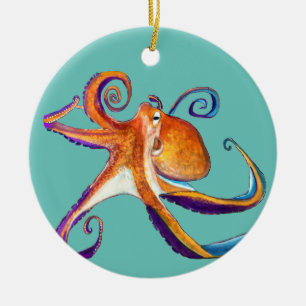 Oktopus sjöliv - vattenfärgskonst julgransprydnad keramik