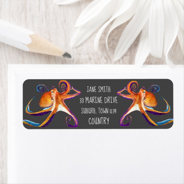 Oktopus sjöliv - vattenfärgskonst returadress etikett (Insitu)