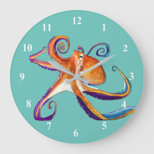 Oktopus sjöliv - vattenfärgskonst stor klocka