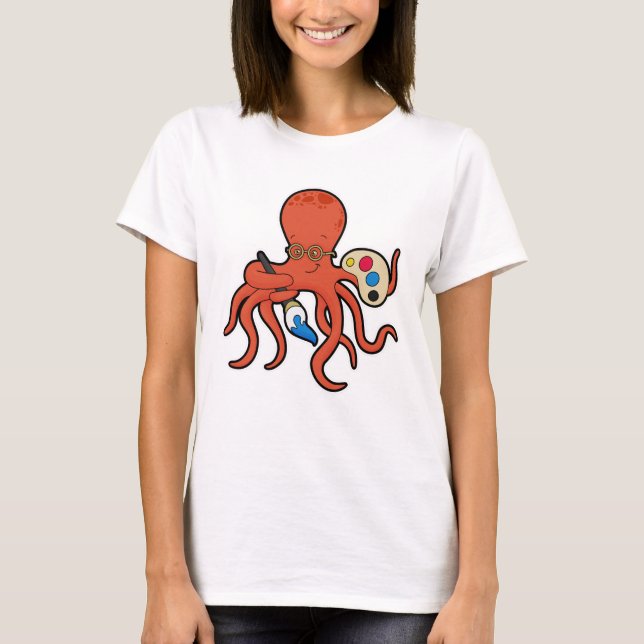 Oktopus som målarfärg med färg och pensel t shirt (Framsida)