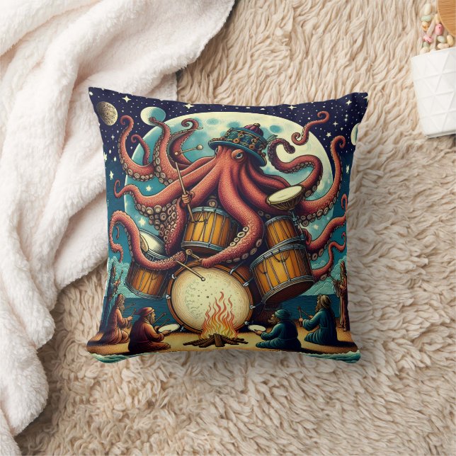 Oktopus Spelande Drums av Moonlit Shore Kudde (Filt)