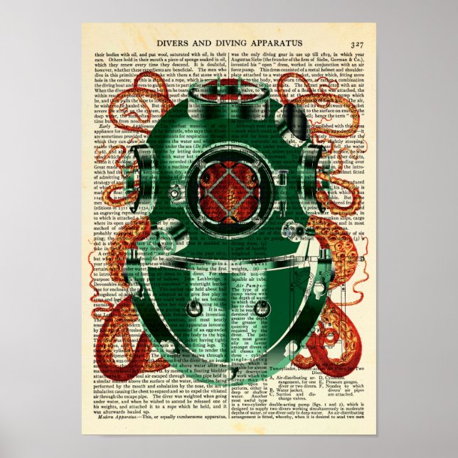 Oktopus vid dykning Helmet Vintage Curiositet Poster (Framsidan)
