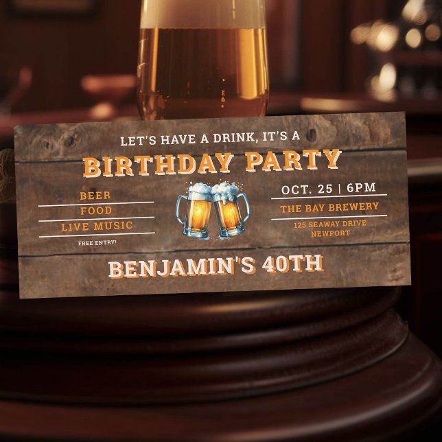 Öl: 40:e födelsedagen: Rustic Manar (men's 40th birthday party invitation beer themed brewery backyard oktoberfest wood)