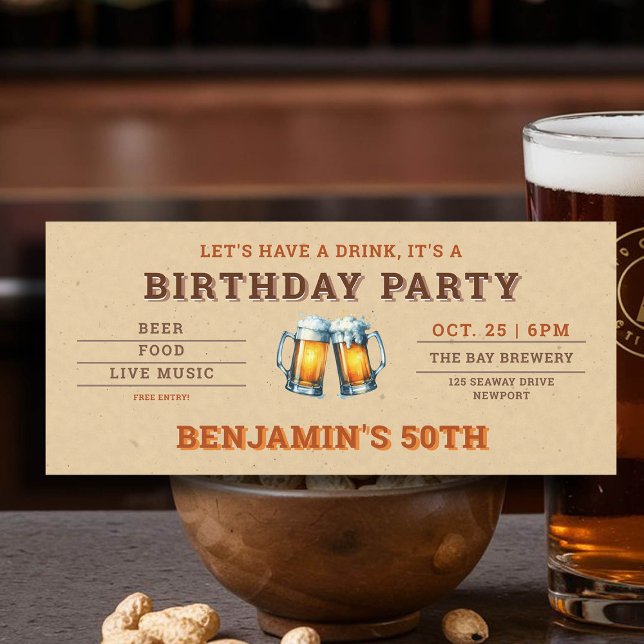 Öl Biljett Manar 50:e födelsedagen (men's 50th birthday party invitation beer themed brewery backyard oktoberfest kraft rustic)
