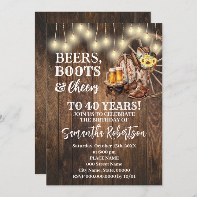 Öl Boots & Cheers Solblommor Western födelsedag Inbjudningar (Fram/baksida)