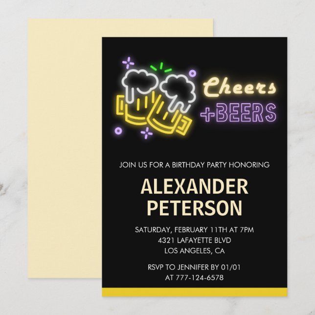 Öl Cheers 81-års födelsedagsinbjudan Män Neon Glow Inbjudningar (Fram/baksida)