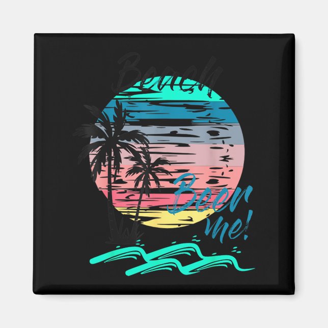 Öl Mig Roligt Drickande Strand Retro Solnedgång Pa Magnet (Framsidan)