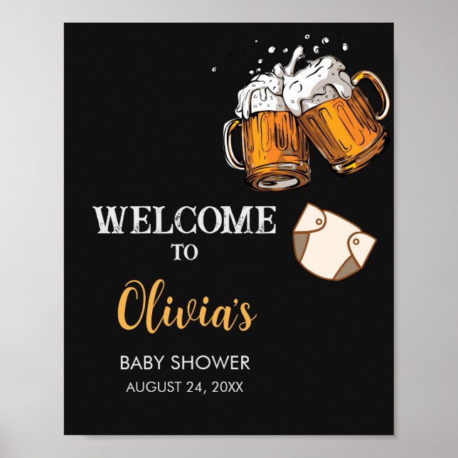 Öl och blöjor Baby Shower Välkomstskylt Poster (Framsidan)