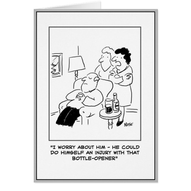 Öl- och Flaska-Tecknad för öppningsskada. Hälsningskort (Framsidan)