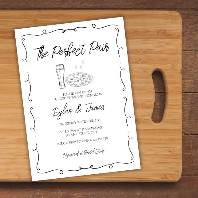 Öl och Pizza Perfekt Pair Hand plockade Par Inbjudningar (Beer & Pizza Perfect Pair Hand Drawn Couples Invitation)