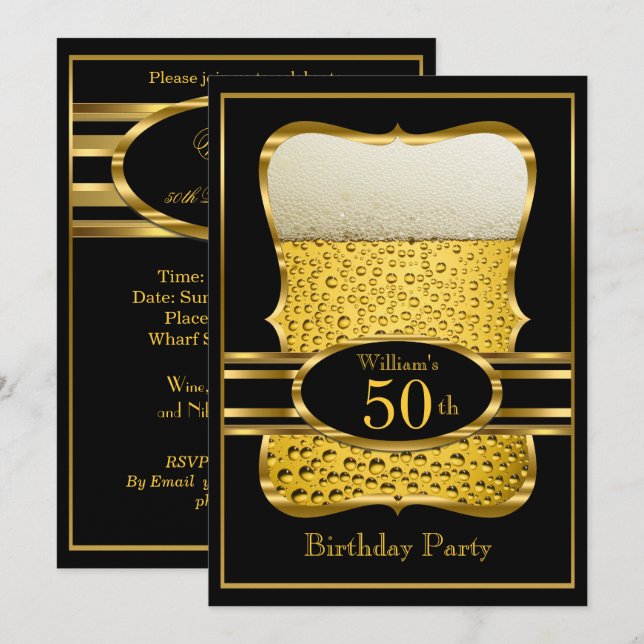 Öl Svart Guld Födelsedagsfest Inbjudan (Fram/baksida)