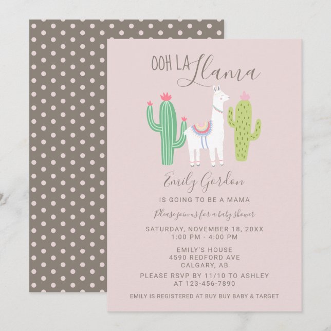 OLa Llama Baby Shower söt rosa och brun enkel. Inbjudningar (Fram/baksida)