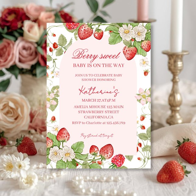 Ölaktigt söta jordgubbar blommande rosa babyfirand inbjudningar (Skapare uppladdad)