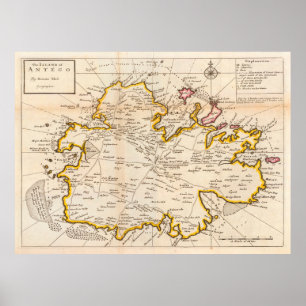 Old Antigua Karta (1736) Vintage Waladli Island At Poster