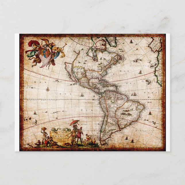 Old Antique North & South America Karta Vykort (Framsida)