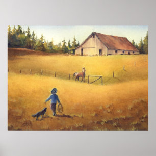 OLD BARN, APALOOSA, BOY & HUND by SHARON SHARPE Poster
