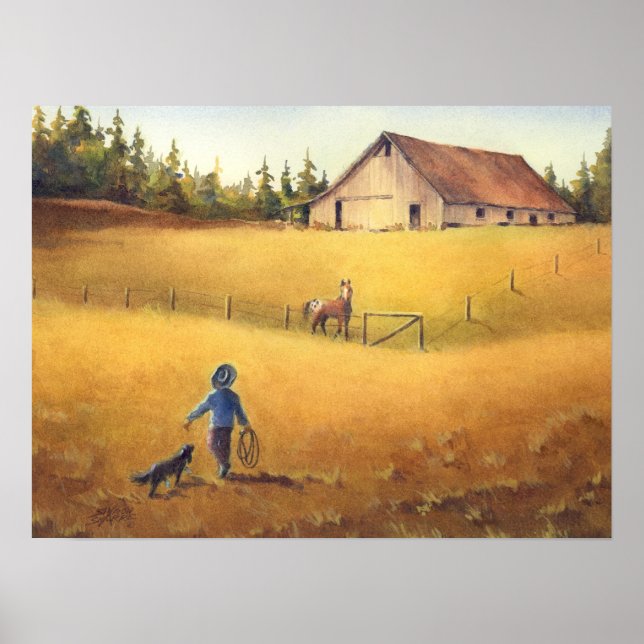 OLD BARN, APALOOSA, BOY & HUND by SHARON SHARPE Poster (Framsidan)