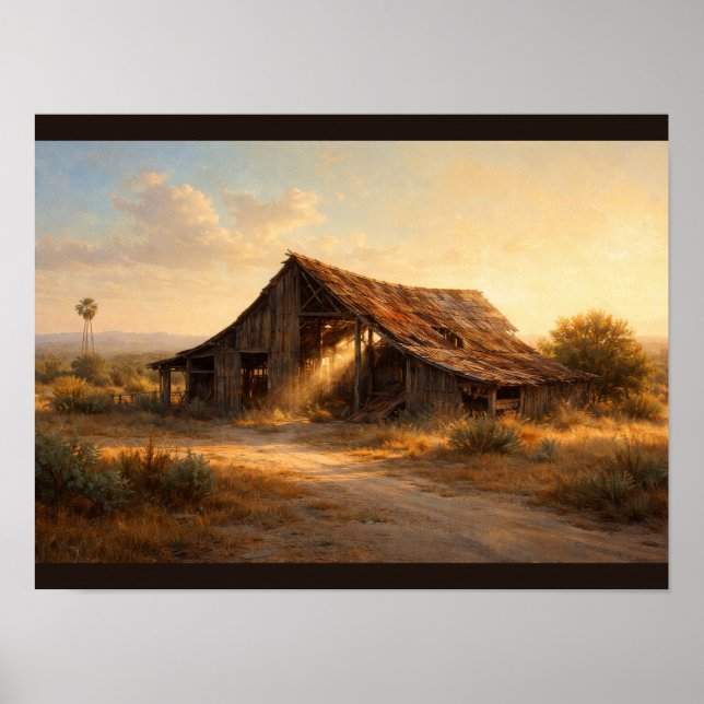 Old barn half-collapsed in sunlight poster (Framsidan)