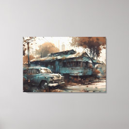 Old cars in front of an old house canvastryck