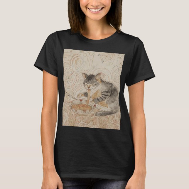 Old Cat Eating Ramen T Shirt (Framsida)