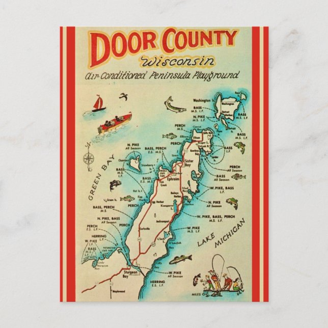 Old Door County Fishing Karta Vykort (Framsida)