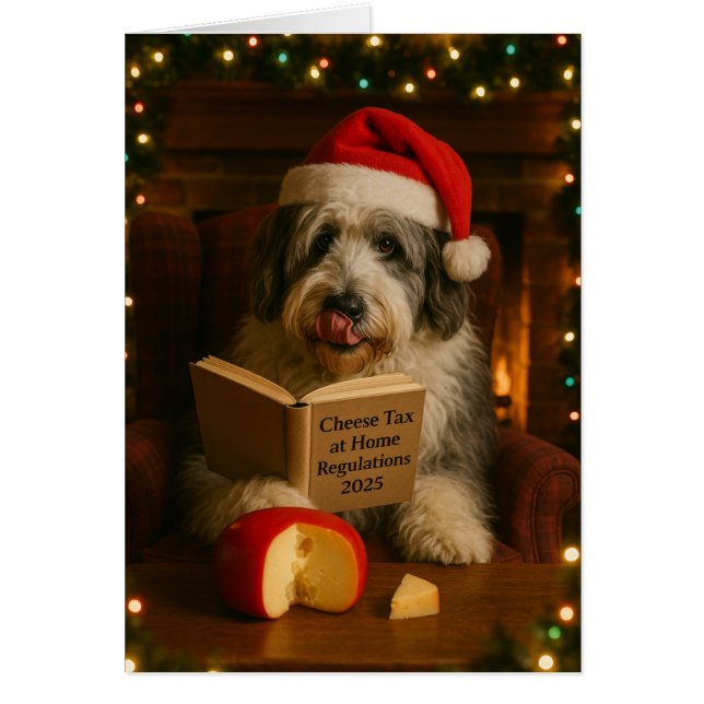 Old English Sheepdog 'Cheese Tax' Christmas card Hälsningskort (Framsidan)