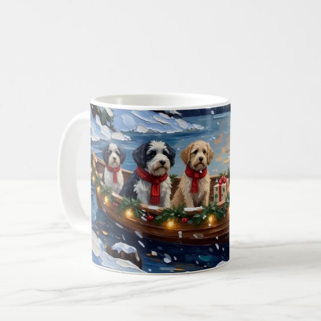 Old English Sheepdog Christmas Boat Holiday Kaffemugg (Framsida vänster)