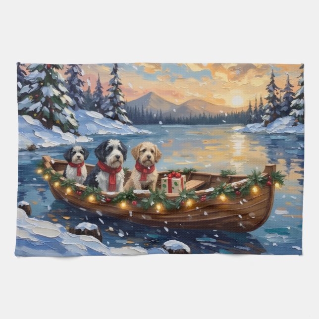 Old English Sheepdog Christmas Boat Holiday Kökshandduk (Horisontell)
